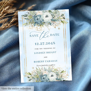 Timeless Dusty Blue White Gold Floral Save Date Invitation