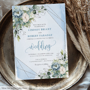 Timeless Dusty Blue White Silver Peonies Wedding  Invitation