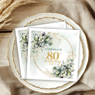 Timeless Dusty Green Gold 80th Birthday Napkins