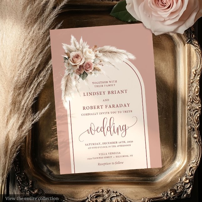 Timeless Dusty Pink Pampas Flowers Wedding Invites (Timeless Dusty Pink Pampas Flowers Wedding Invitation)