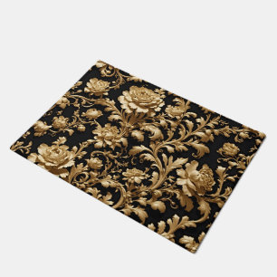 Timeless Elegance: Black and Gold Floral Doormat