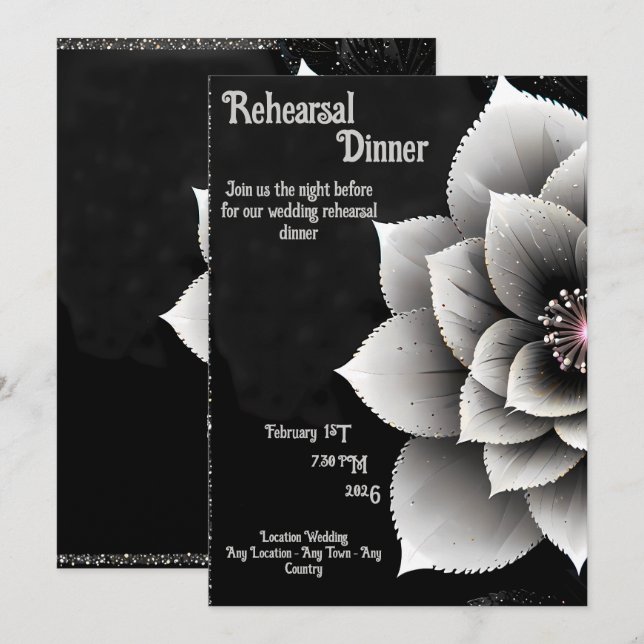 Timeless Elegance: Black & Silver Blossom Wedding  Invitation (Front/Back)