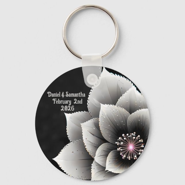Timeless Elegance: Black & Silver Blossom Wedding  Key Ring (Front)