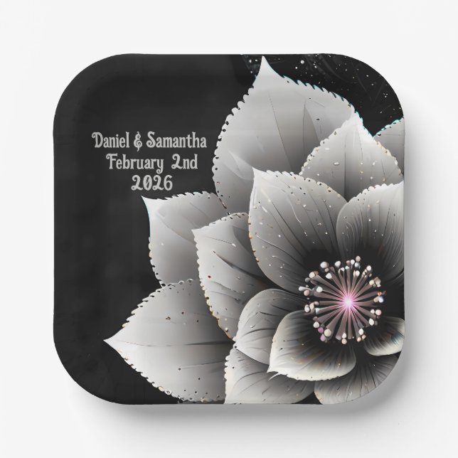 Timeless Elegance: Black & Silver Blossom Wedding  Paper Plate (Front)