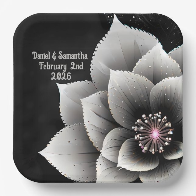 Timeless Elegance: Black & Silver Blossom Wedding  Paper Plate (Front)