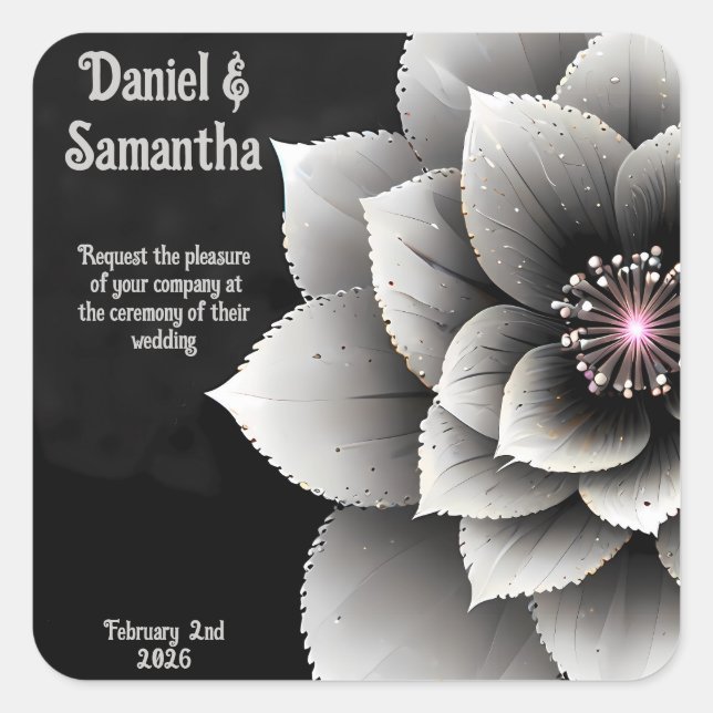 Timeless Elegance: Black & Silver Blossom Wedding  Square Sticker (Front)