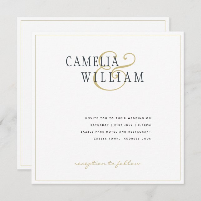 Timeless Elegance, Classic Gold White Wedding  Inv (Front/Back)