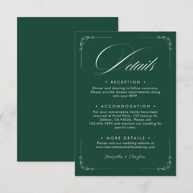 Timeless Elegance Emerald Green Details Card (Front/Back)