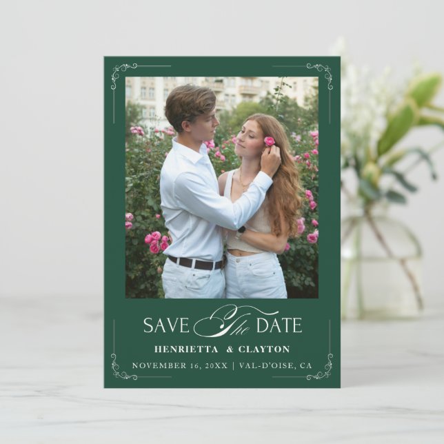 Timeless Elegance Emerald Green Save The Date (Standing Front)