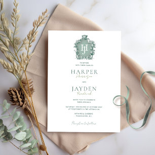 Timeless Elegance, Green Monogram Wedding Invitation