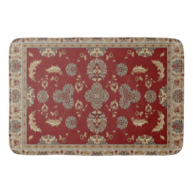 Timeless Elegance Red and Beige Classic Fabric Bath Mat (Front)