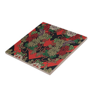 Timeless Elegance: Red Japanese Vintage Floral Ceramic Tile