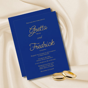 Timeless Elegance Royal Blue Gold Script Wedding Announcement