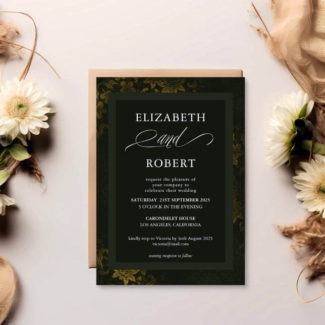 Timeless Elegant Dark Green & Gold Floral Wedding Invitation (Creator Uploaded)