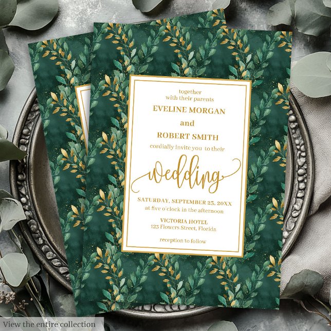 Timeless Emerald Green Gold Leaves Wedding Invite (Timeless Emerald Green Gold Leaves Wedding Invitation)