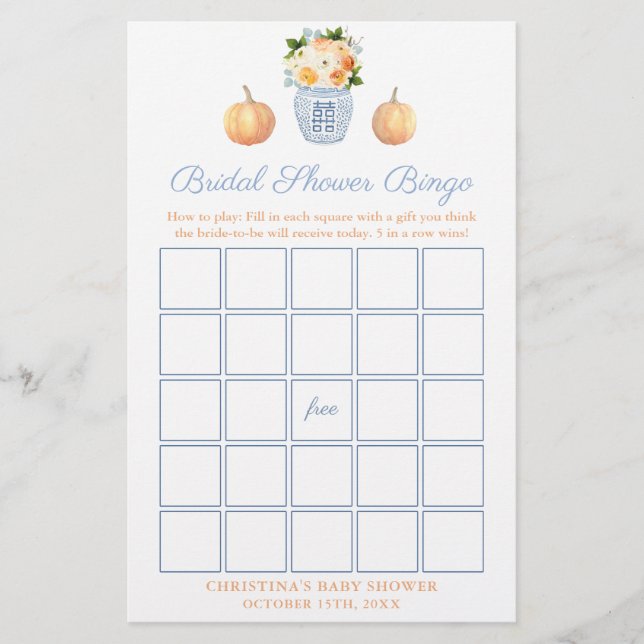 Timeless Fall Wedding Shower Bingo Game Card (Front)