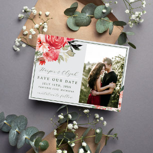 Timeless Floral Blush Red Greenery Classic Wedding Save The Date