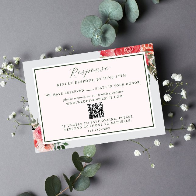 Timeless Floral Blush Red Greenery Website Wedding RSVP Card (Creator Uploaded)
