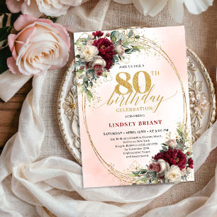 Timeless Floral Gold 80th Birthday Celebration  Invitation