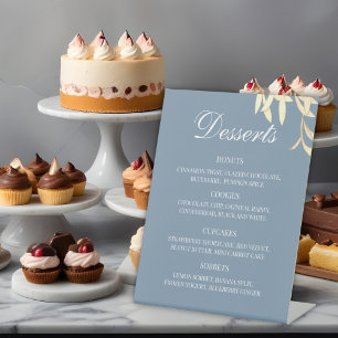 Timeless Floral Symphony in Blue Dessert Menu Pedestal Sign