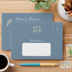 Timeless Floral Symphony in Blue Wedding Envelope