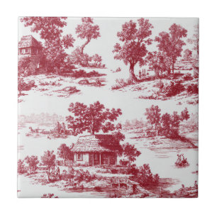 Timeless French Red Toile with Scenic Village Ceramic Tile