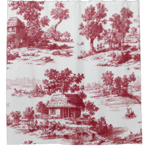 Timeless French Red Toile with Scenic Village Shower Curtain