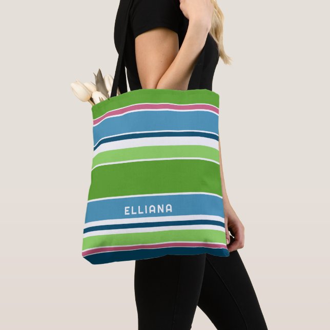 Timeless Fun Trendy Colourful Summer Art Stripes Tote Bag (Close Up)