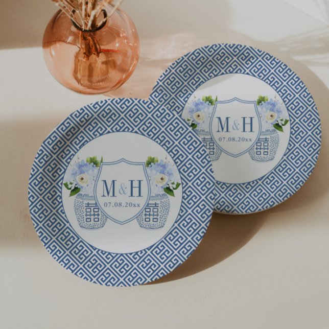 Timeless Ginger Jar Monogram Wedding Shower Party Paper Plate (Couples Shower or wedding paper plates. Blue and white ginger jar monogram with watercolor flowers)