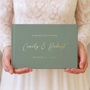 Timeless Gold Calligraphy Sage Green Wedding Photo Guest Book
