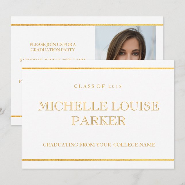 Timeless Gold White Photo Graduation Invitation (Front/Back)