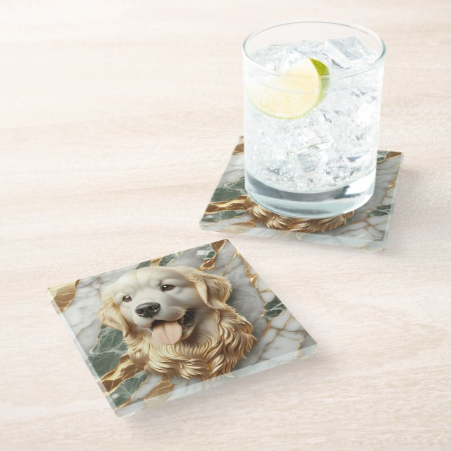 Timeless Golden Retriever Marble Accent Glass Coaster (Angled)
