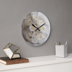 "Timeless Grace: A Topiary of White Wedding Roses" Large Clock