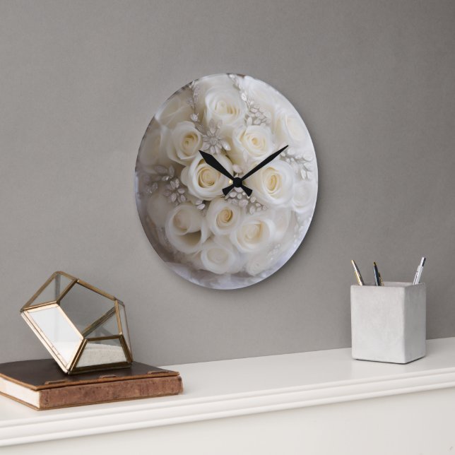 "Timeless Grace: A Topiary of White Wedding Roses" Large Clock (Office)