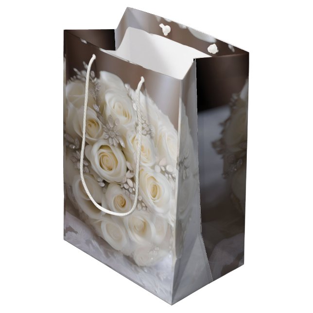 "Timeless Grace: A Topiary of White Wedding Roses" Medium Gift Bag (Front Angled)