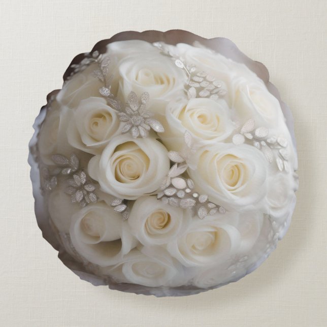 "Timeless Grace: A Topiary of White Wedding Roses" Round Cushion (Front)