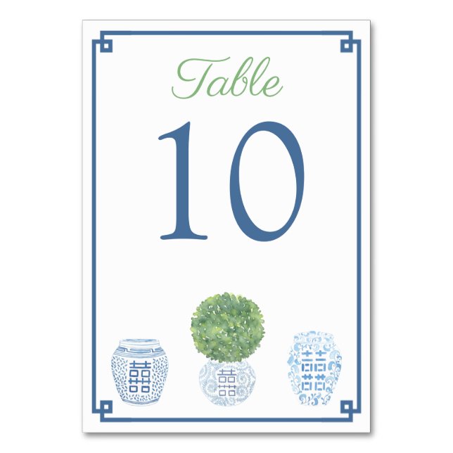 Timeless Green & Blue Boxwood Ginger Jar Wedding Table Number (Front)
