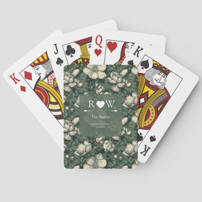 Timeless Green Gardenias Sparkle Rustic Wedding Playing Cards (Back)