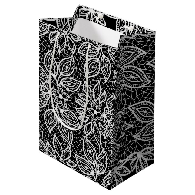 Timeless Lace Look Wedding Black and White Medium Gift Bag (Front Angled)
