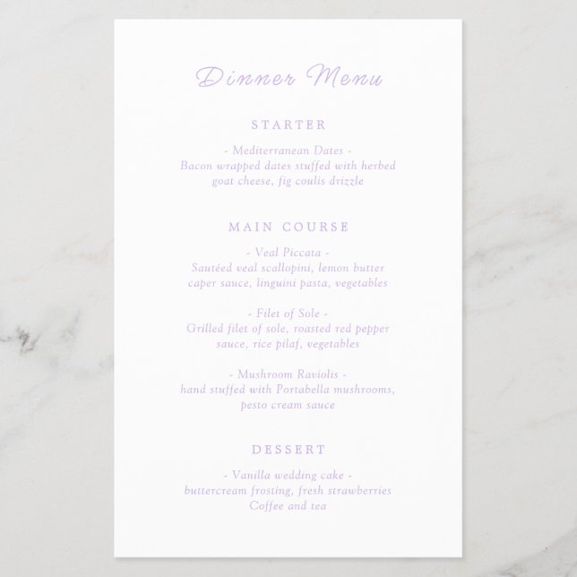 Timeless Lilac Classic Budget Wedding Menu (Front)