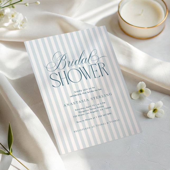 Timeless Luxe Script Blue Stripes Bridal Shower Invitation (Creator Uploaded)