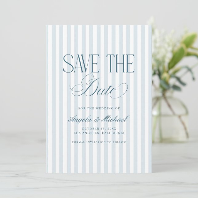 Timeless Luxe Script Old Money Blue Stripe Wedding Save The Date (Standing Front)