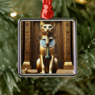 Timeless Majesty: The Golden Egyptian Pharaoh Cat Metal Ornament