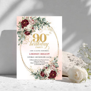 Timeless Maroon Floral Eucalyptus 90th Birthday Invitation