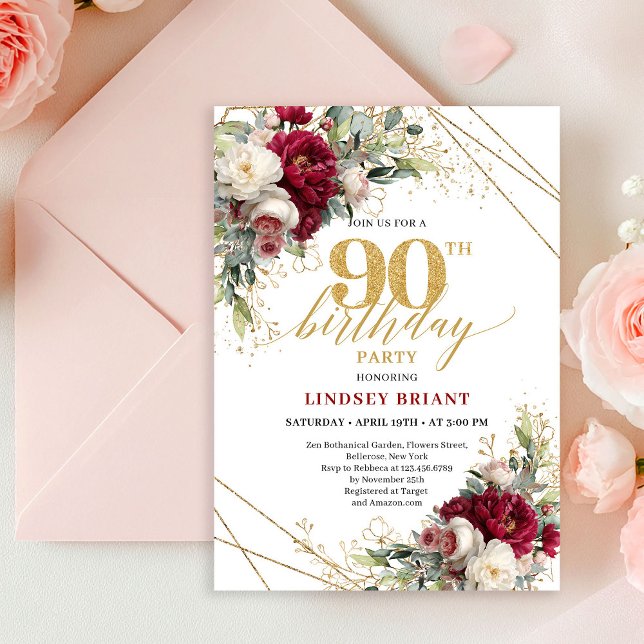 Timeless Marsala Floral Gold 90th Birthday Invite (Timeless Marsala Floral Gold 90th Birthday Invite)