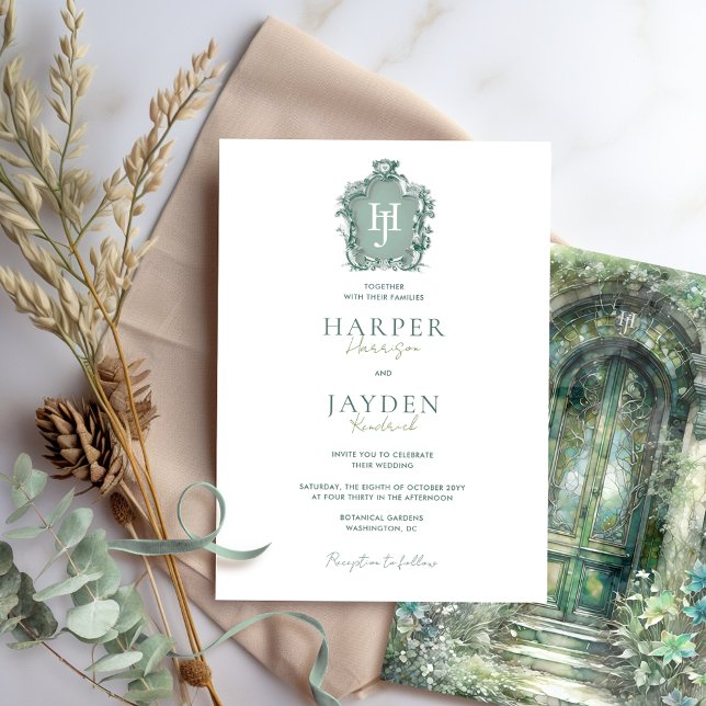 Timeless Monogram, Chic Green Hues Wedding Invitation (Creator Uploaded)