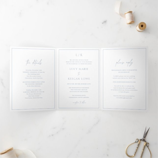 Timeless Monogram Dusty Blue Elegant Wedding Tri-Fold Invitation (Inside)
