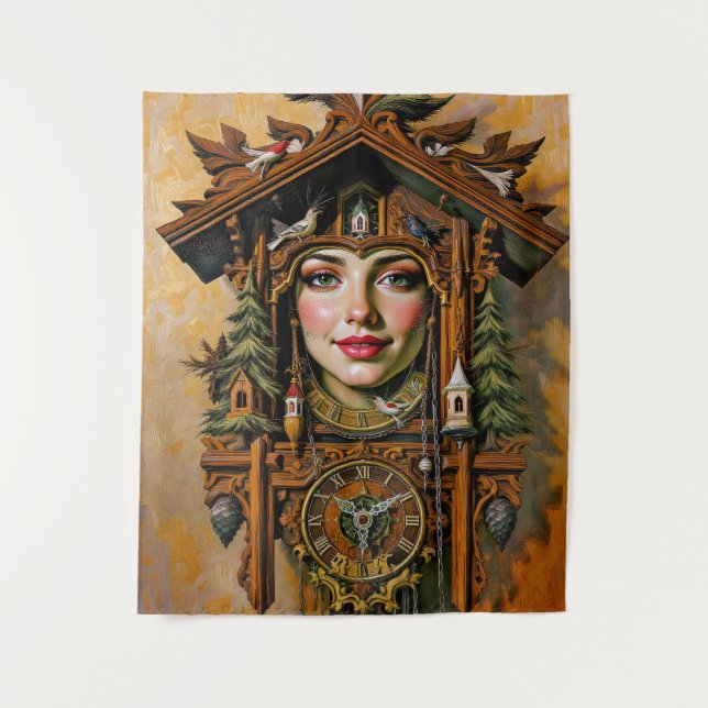 “Timeless Muse” – A Cuckoo Clock Portrait  Tapestry (Front)