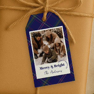 Timeless Navy Blue Plaid Photo Merry & Bright Gift Tags