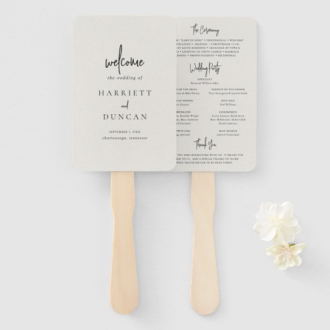 Timeless Neutral Beige Elegant Wedding Program Hand Fan (Front and Back)